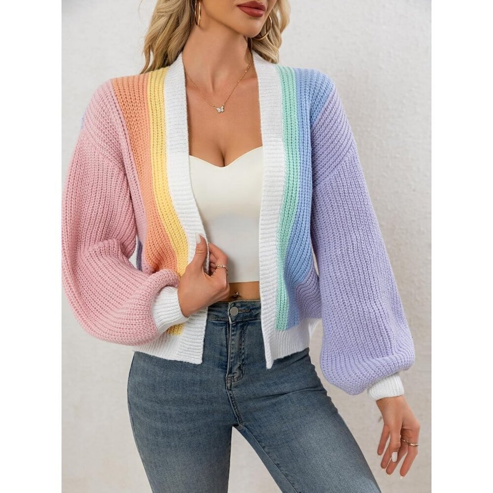 Women's Chunky Knit Cardigan Large Open Front Color Block Cozy Sweater - Picture 8 of 8